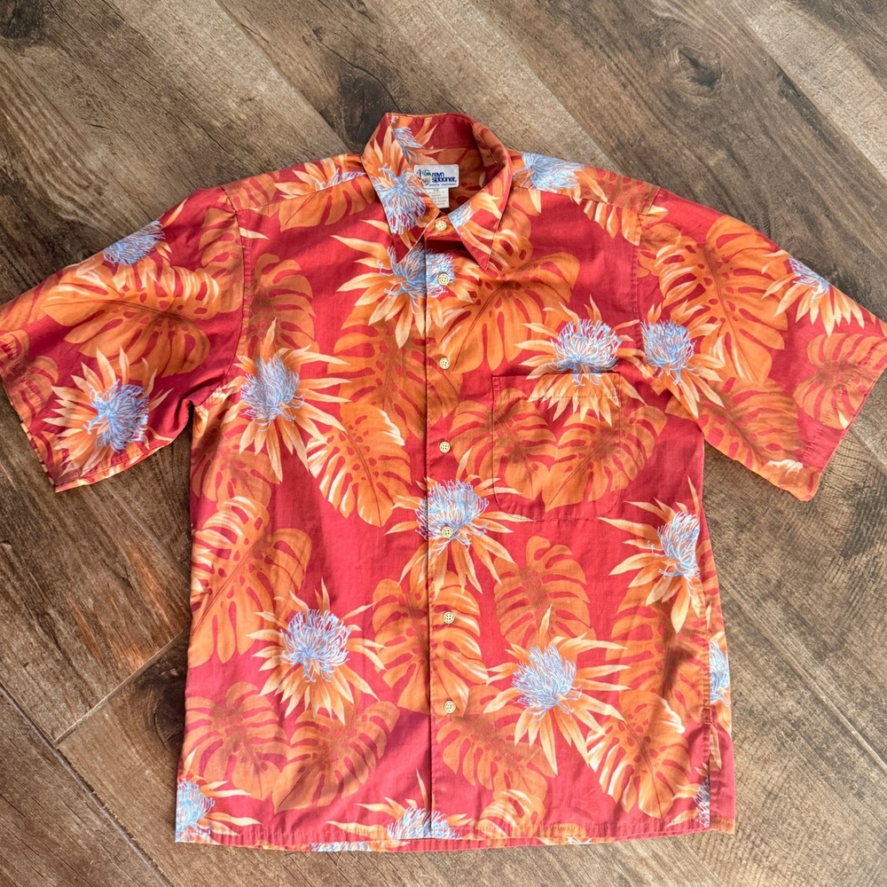 Reyn Spooner VTG 80s Mens Tropical Monstera Print Aloha Shirt, Orange Blue,S